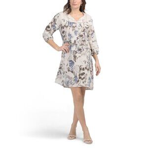 BONITO  Italy Linen Blend Long Sleeve Floral Dress With Eyelet Inset